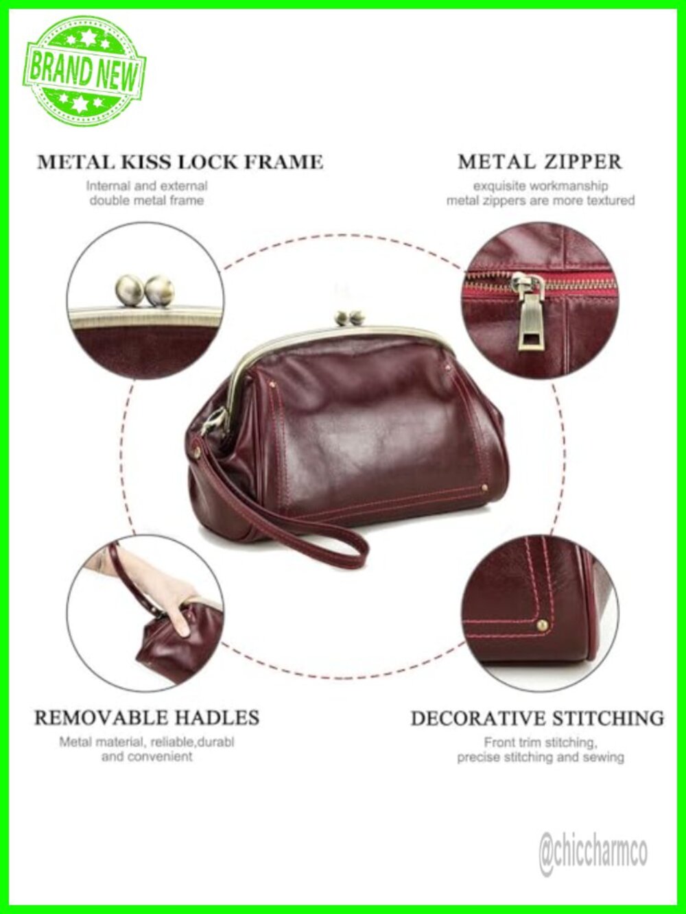 Full Grain Leather Kiss Lock Clutch Purse Evening Bag - Picture 5 of 6